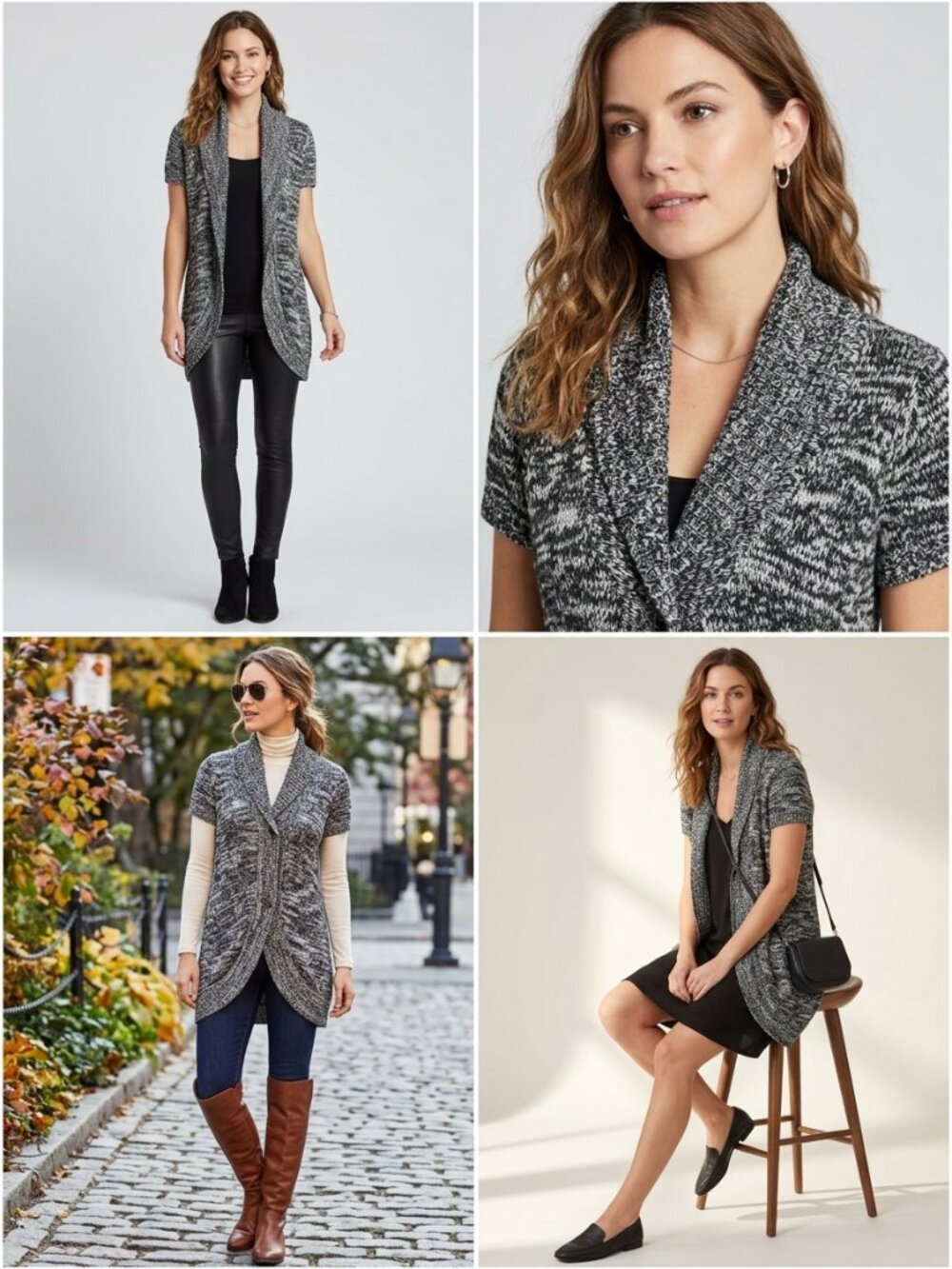 Ann Taylor Loft Cardigan Sweater Size M Short Sleeve Marled shawl Collar Black